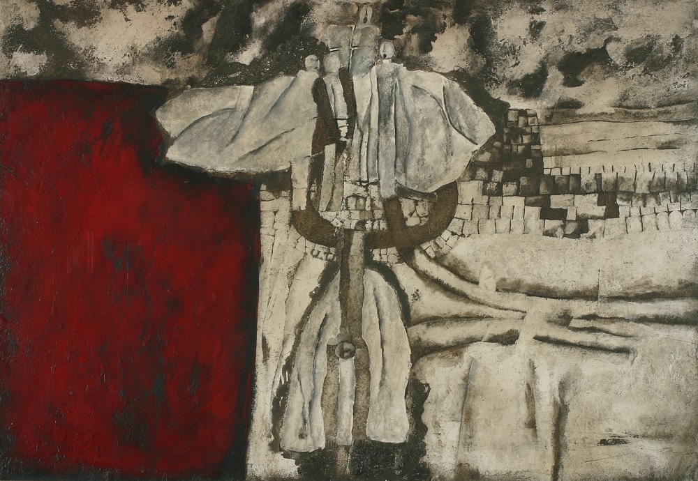 Bedřich Baroš, z cyklu Pláště, 1968, kombinovaná technika, pazdeří, 85 x 122 cm, Krajská galerie výtvarného umění ve Zlíně