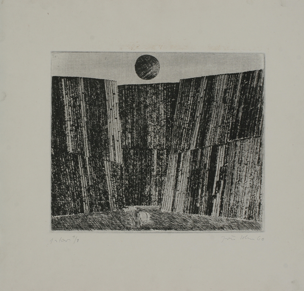 Jiří John, Lom (Měsíčná strž), 1960, suchá jehla, papír, 332 x 350 mm, inv. č. G-1395