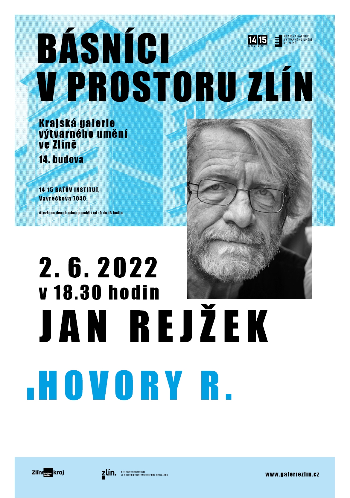 Plakát k večeru Básníci v prostoru Zlín s Janem Rejžkem.