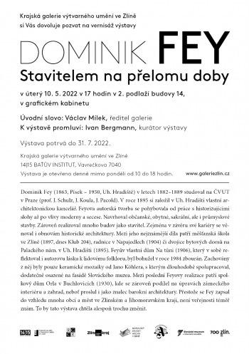 Pozvánka na vernisáž výstavy Dominik Fey – Stavitelem na přelomu doby